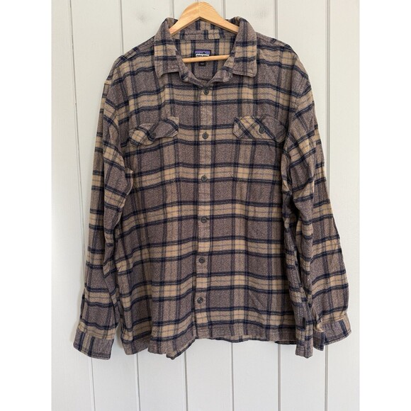 Patagonia Fjord Shirt Mens XXL Brown Plaid Flannel Long Sleeve Button Cotton - Picture 1 of 9